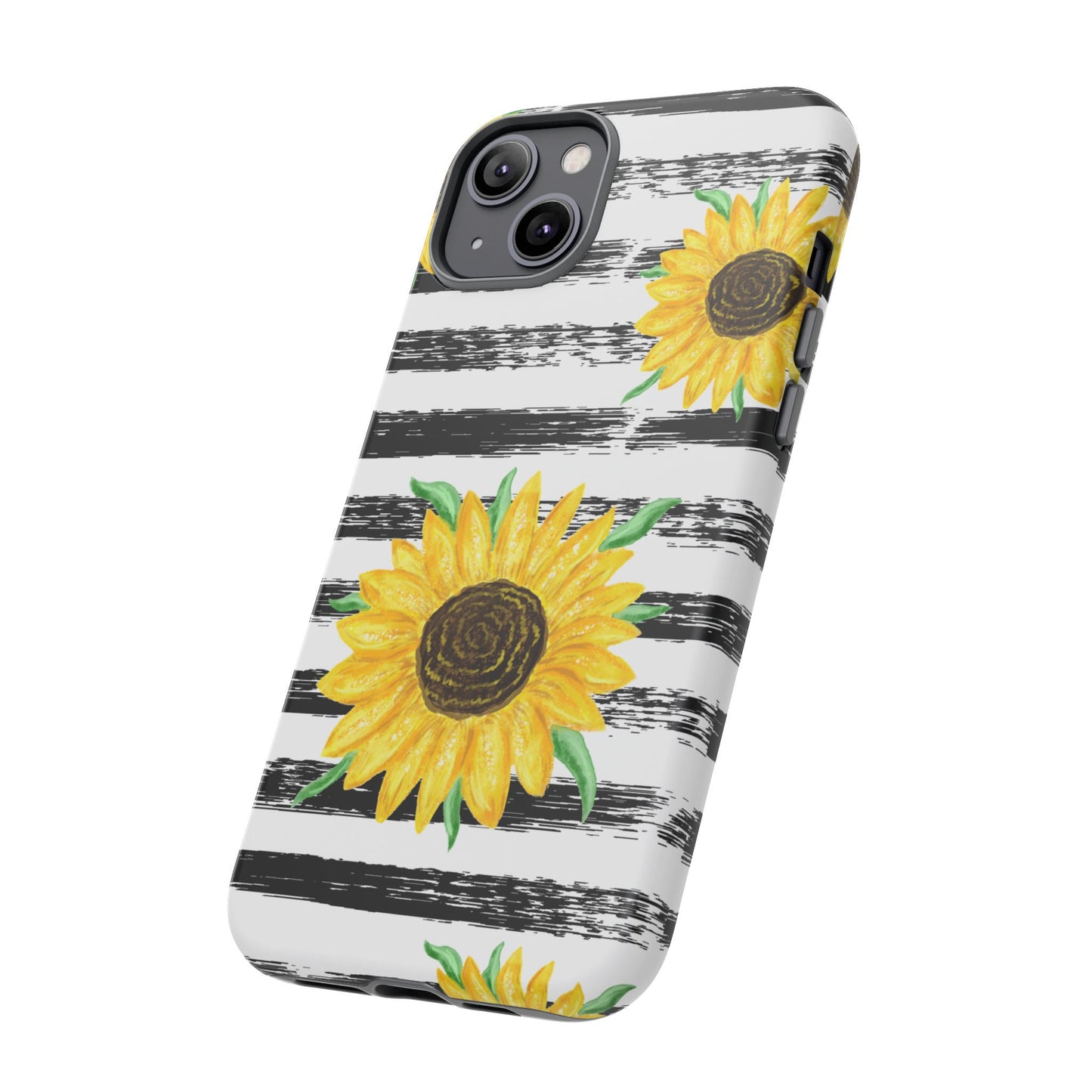 Sunflower Tough Phone Case - Bright Yellow Floral Art, Black and White Striped Aesthetic, Compatible with iPhone, Galaxy, and Google Phones