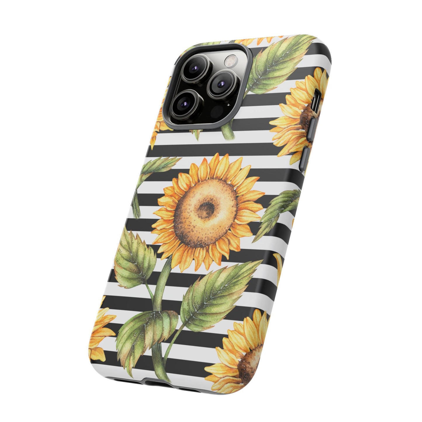 Sunflower Tough Phone Case - Bold Yellow Floral Art, Black and White Striped Aesthetic, Compatible with iPhone, Galaxy, and Google Phones