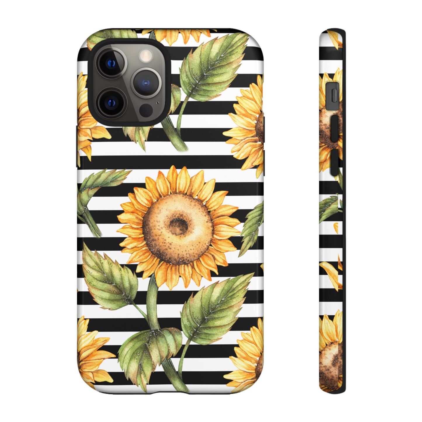 Sunflower Tough Phone Case - Bold Yellow Floral Art, Black and White Striped Aesthetic, Compatible with iPhone, Galaxy, and Google Phones
