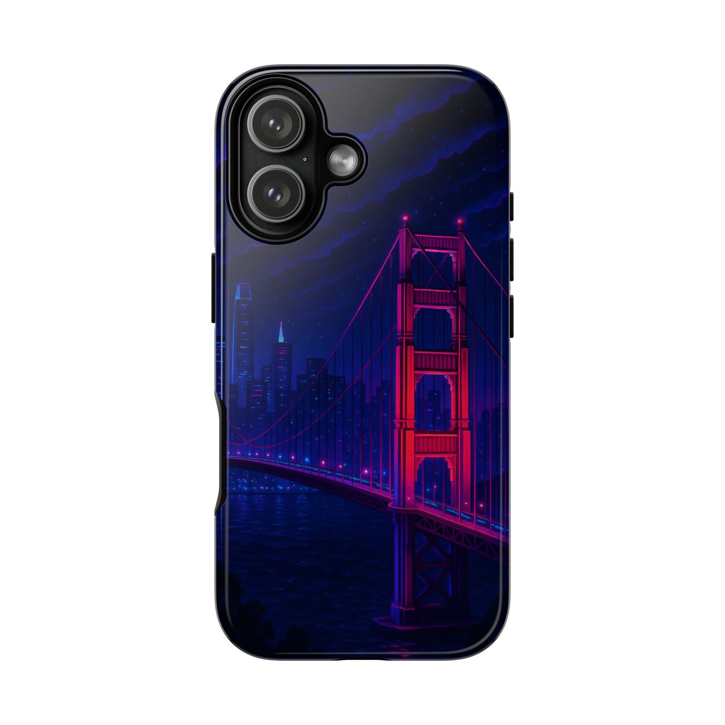Cityscape Tough Phone Case, San Francisco Skyline Phone Cover, Neon Night Design Compatible with iPhone, Galaxy & Google