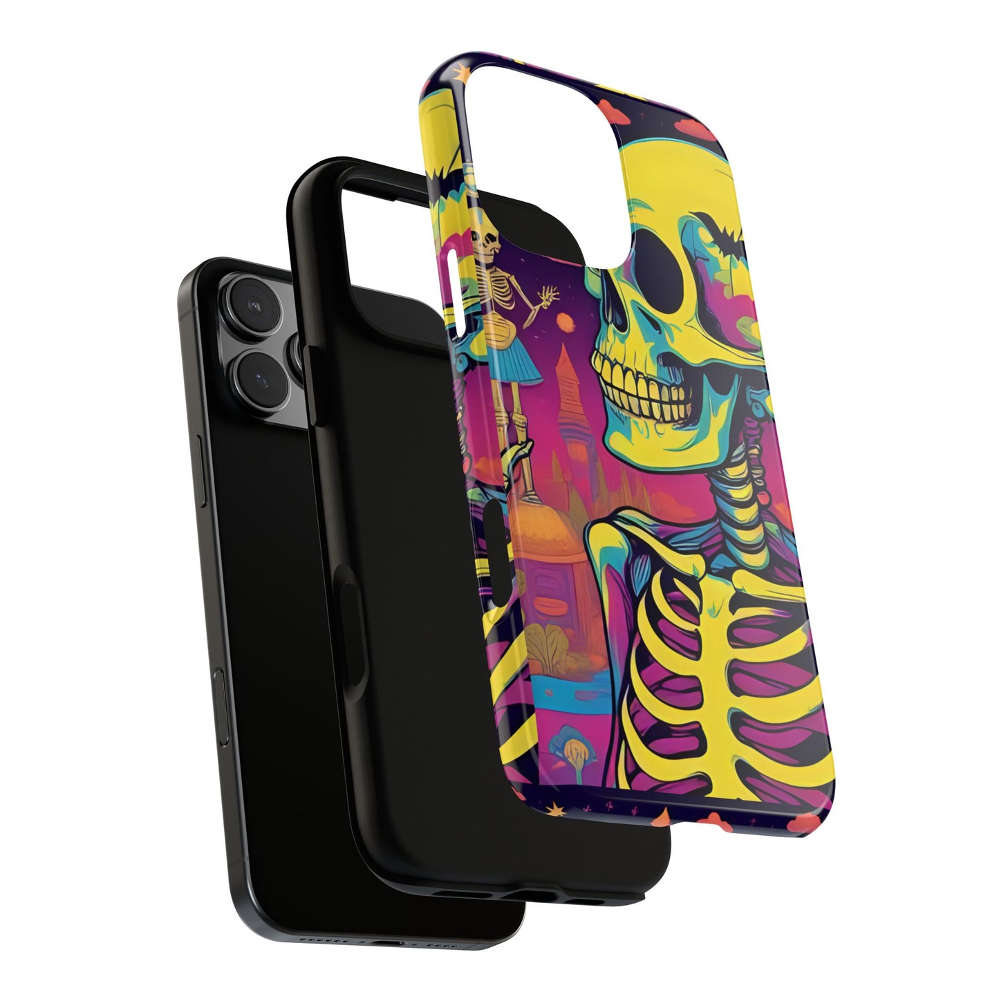 Summerween Neon Skeleton Phone Case, Retro Halloween Aesthetic Phone Cover, Bright Spooky Skull Case, Psychedelic Goth Fall Accessory