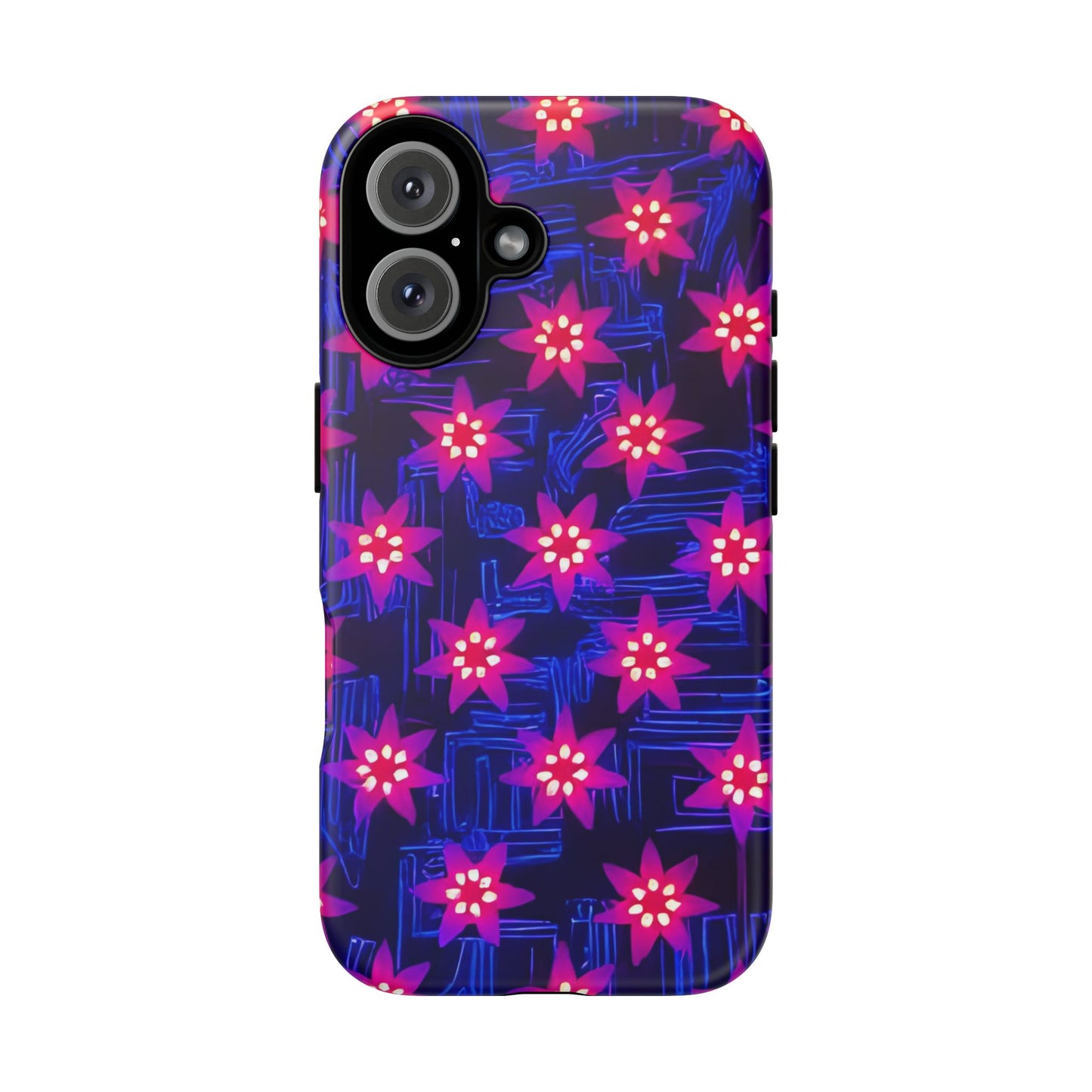 Neon Flower Tough Phone Case - Trippy Dark Floral Art, Electric Glow Aesthetic, Compatible with iPhone, Galaxy, and Google Phones