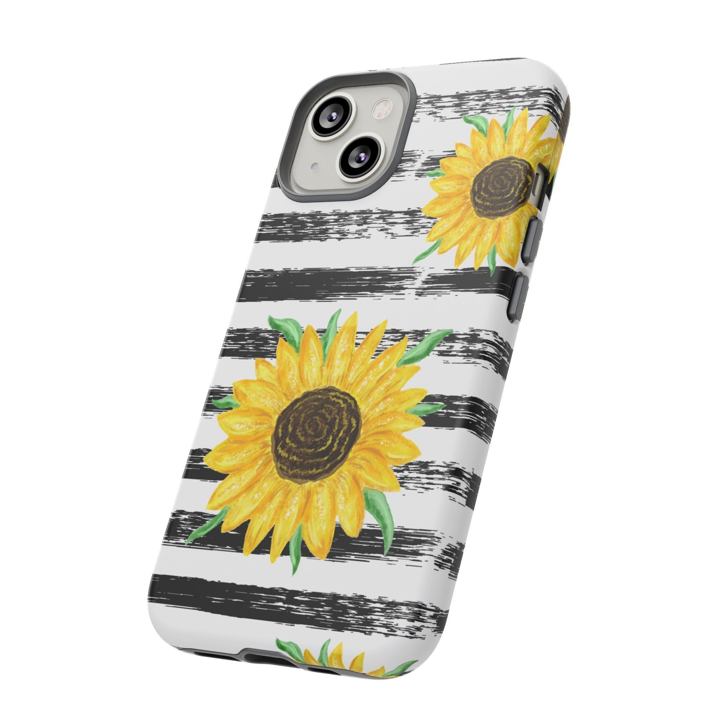Sunflower Tough Phone Case - Bright Yellow Floral Art, Black and White Striped Aesthetic, Compatible with iPhone, Galaxy, and Google Phones