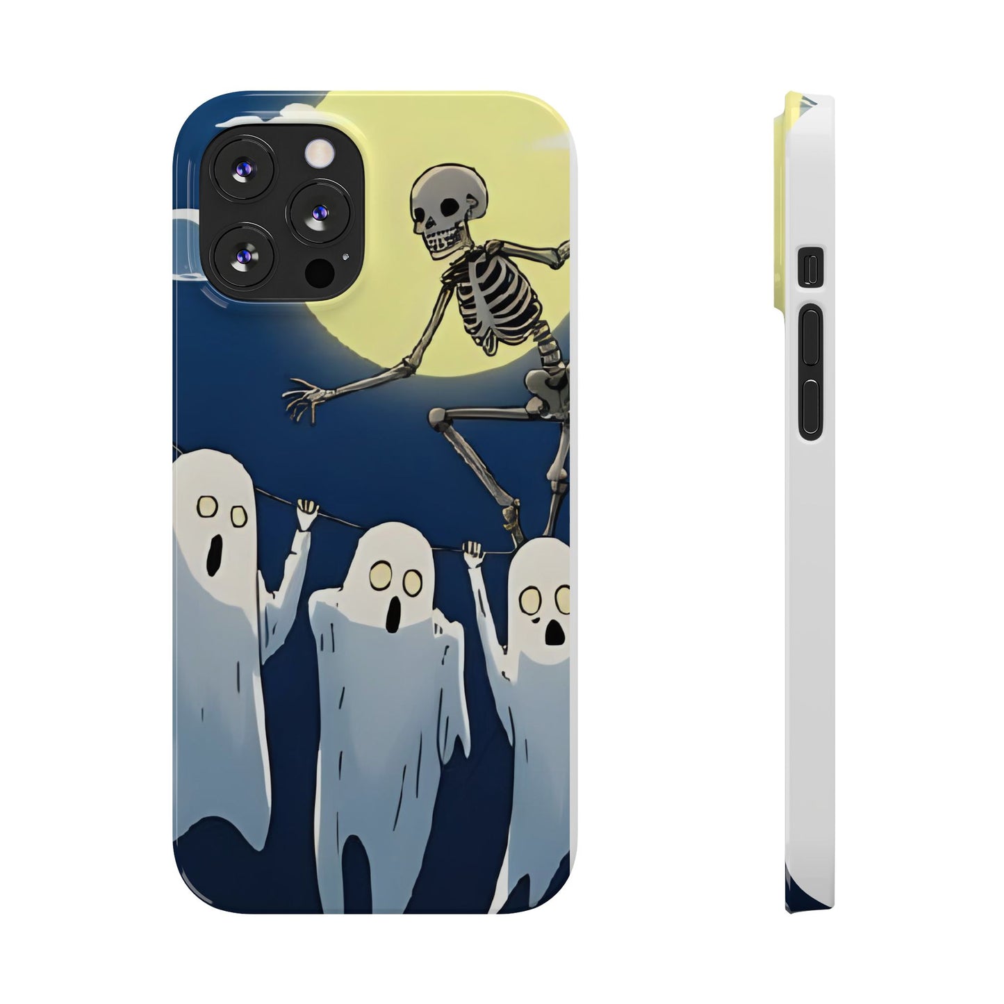 Jumping Skeleton Slim Phone Case - Halloween Aesthetic, Creepy Cute Ghost Cartoon Style, Compatible with iPhone, Galaxy, and Google Phones