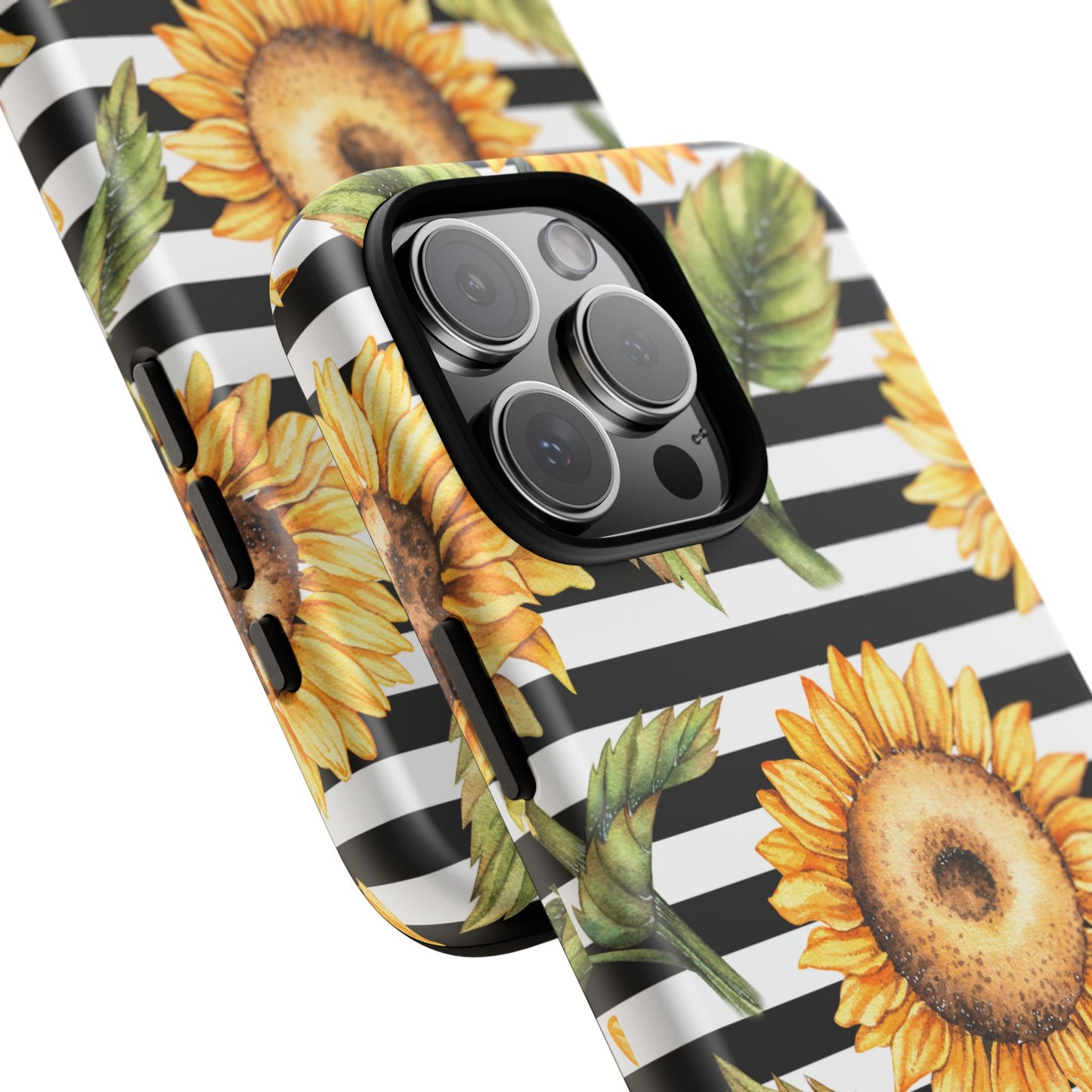Sunflower Tough Phone Case - Bold Yellow Floral Art, Black and White Striped Aesthetic, Compatible with iPhone, Galaxy, and Google Phones