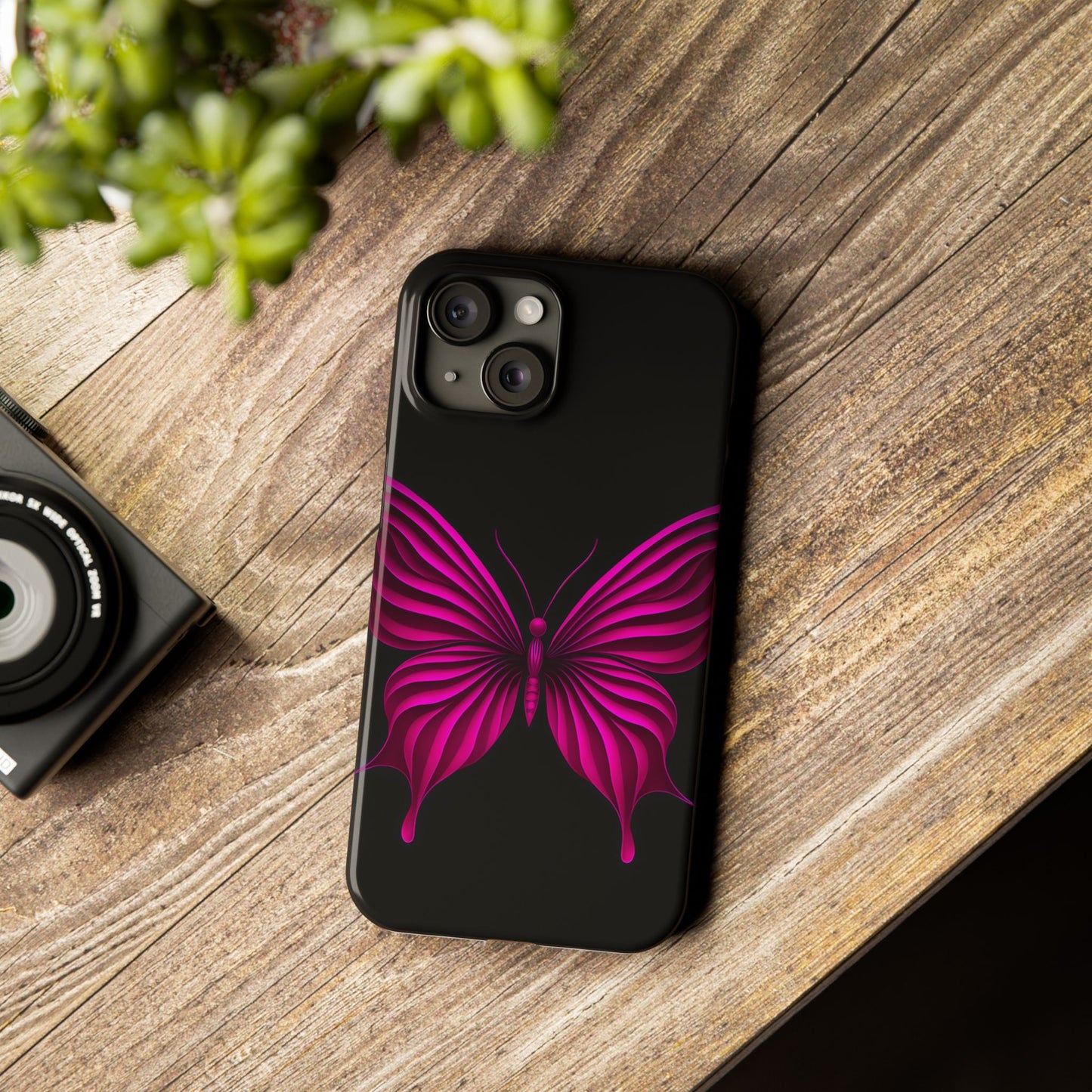 Pink Butterfly Phone Case, Elegant Insect Art, Black Aesthetic Slim Phone Case Compatible with iPhone, Galaxy, Google
