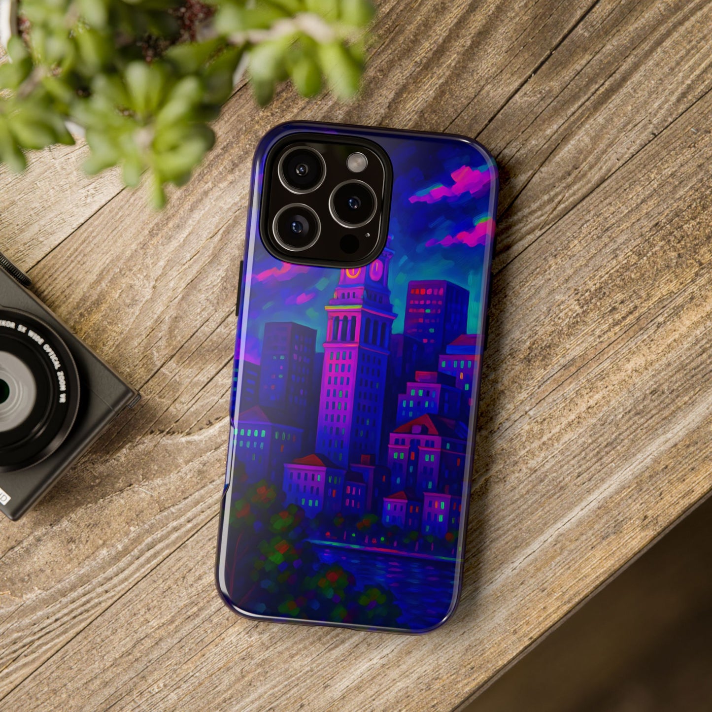 Boston Cityscape Tough Phone Case, Neon Night Skyline, Sunset Tower View Watercolor Urban Art, Compatible with iPhone, Galaxy, Google Phones