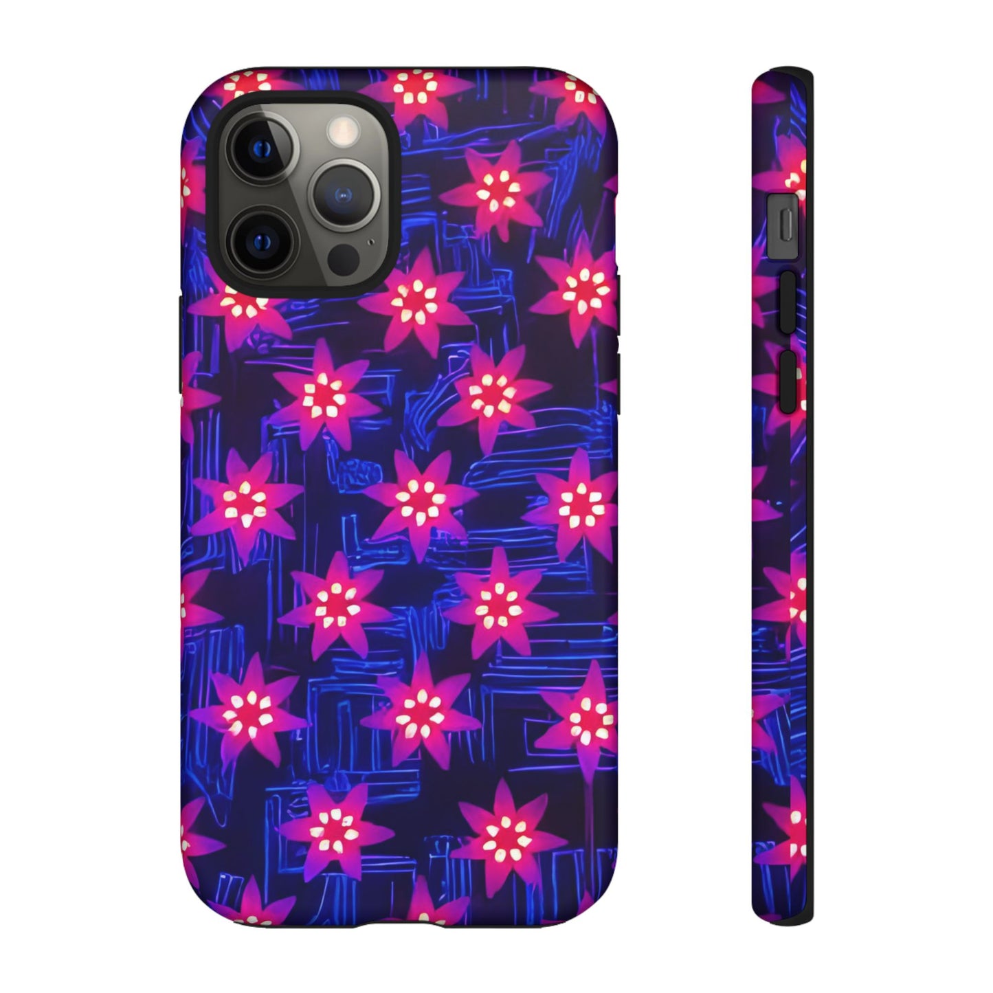 Neon Flower Tough Phone Case - Trippy Dark Floral Art, Electric Glow Aesthetic, Compatible with iPhone, Galaxy, and Google Phones