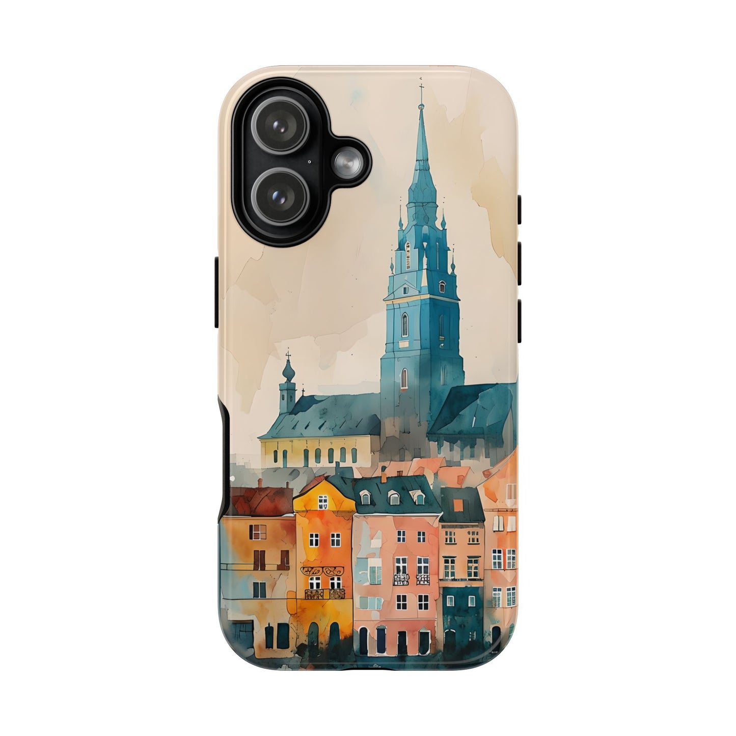 Cityscape Tough Phone Case, Riga Latvia Skyline Art, Watercolor Day Design Compatible with iPhone, Galaxy, and Google