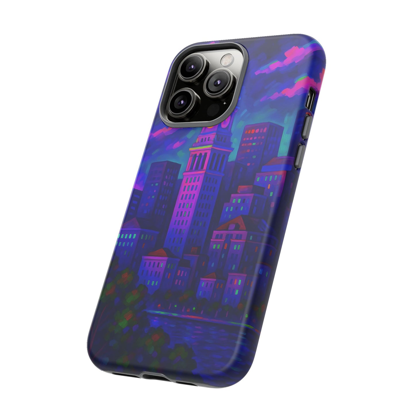 Boston Cityscape Tough Phone Case, Neon Night Skyline, Sunset Tower View Watercolor Urban Art, Compatible with iPhone, Galaxy, Google Phones