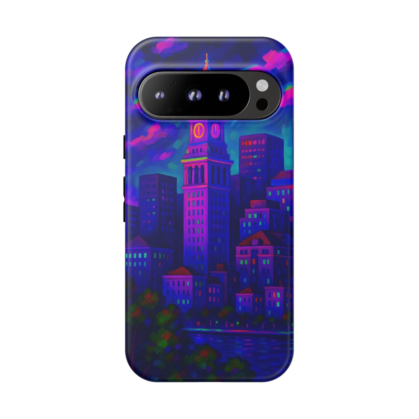 Boston Cityscape Tough Phone Case, Neon Night Skyline, Sunset Tower View Watercolor Urban Art, Compatible with iPhone, Galaxy, Google Phones