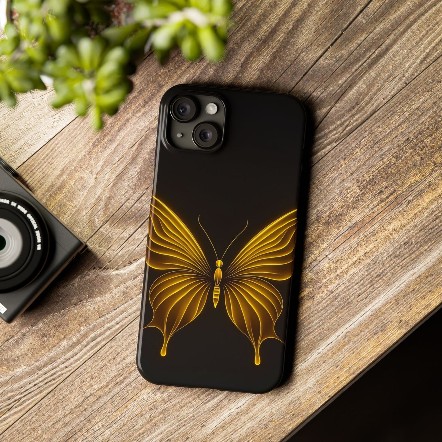 Golden Butterfly Phone Case, Elegant Insect Art, Black Aesthetic Slim Phone Case Compatible with iPhone, Galaxy, Google