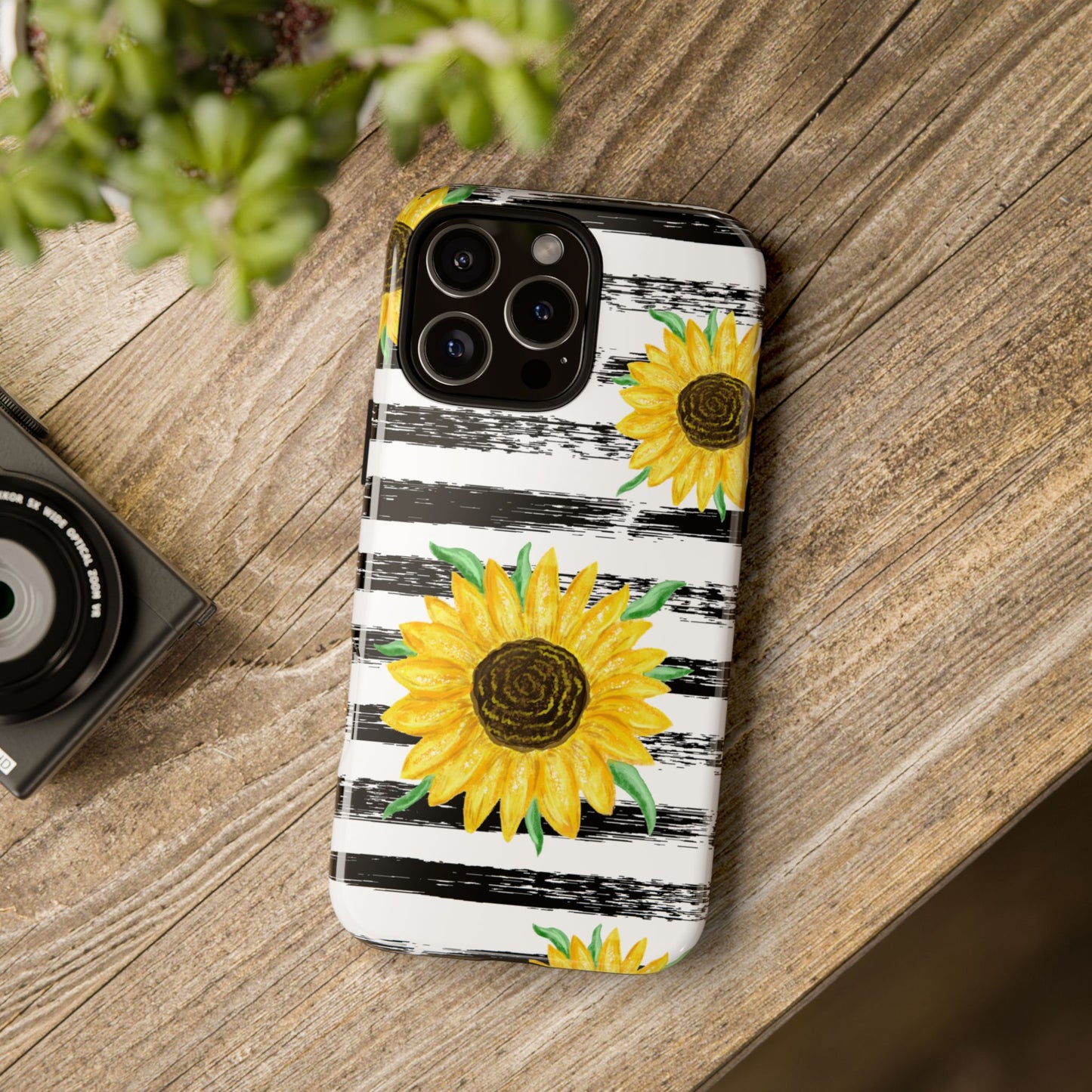 Sunflower Tough Phone Case - Bright Yellow Floral Art, Black and White Striped Aesthetic, Compatible with iPhone, Galaxy, and Google Phones
