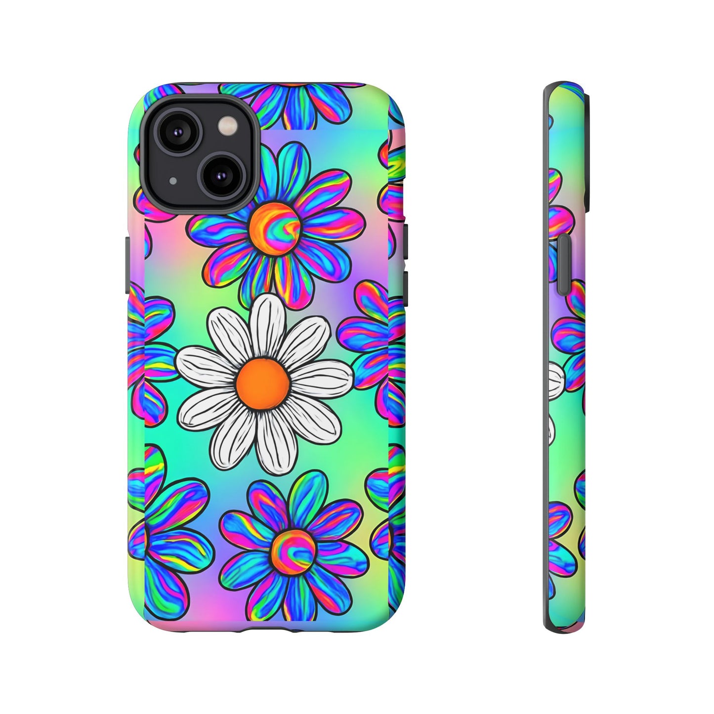 Trippy Daisy Tough Phone Case - Psychedelic Floral Design, Colorful Retro Aesthetic, Compatible with iPhone, Galaxy, and Google Phones