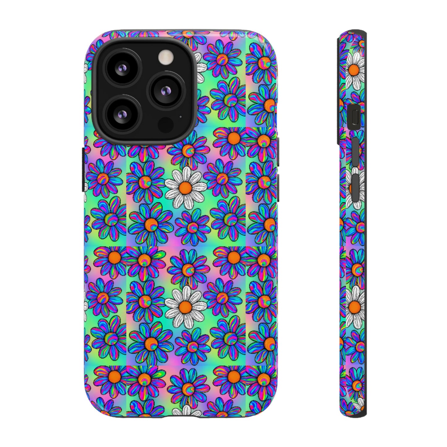 Trippy Daisy Tough Phone Case - Psychedelic Floral Aesthetic, Colorful Groovy Design, Compatible with iPhone, Galaxy, and Google Phones