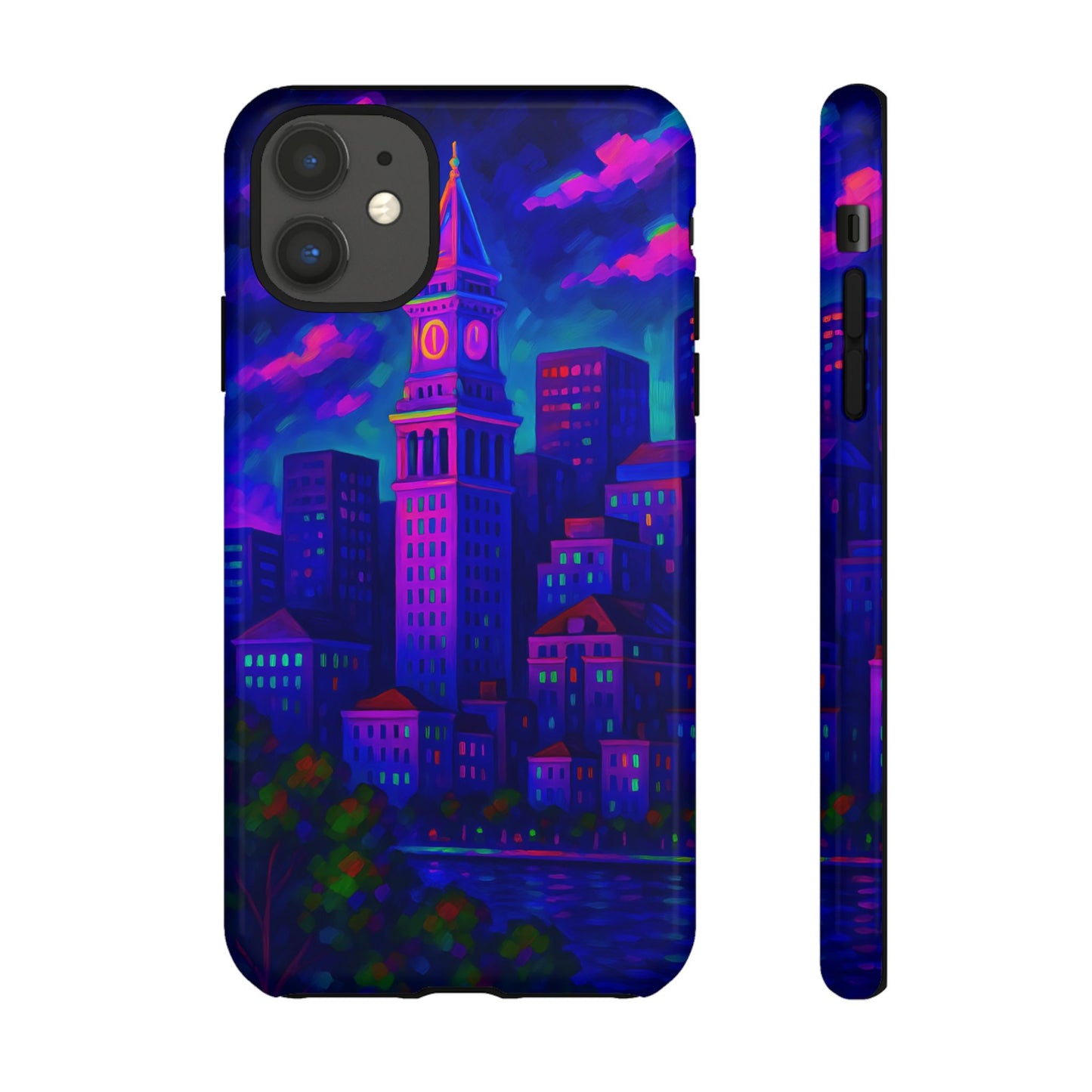 Boston Cityscape Tough Phone Case, Neon Night Skyline, Sunset Tower View Watercolor Urban Art, Compatible with iPhone, Galaxy, Google Phones