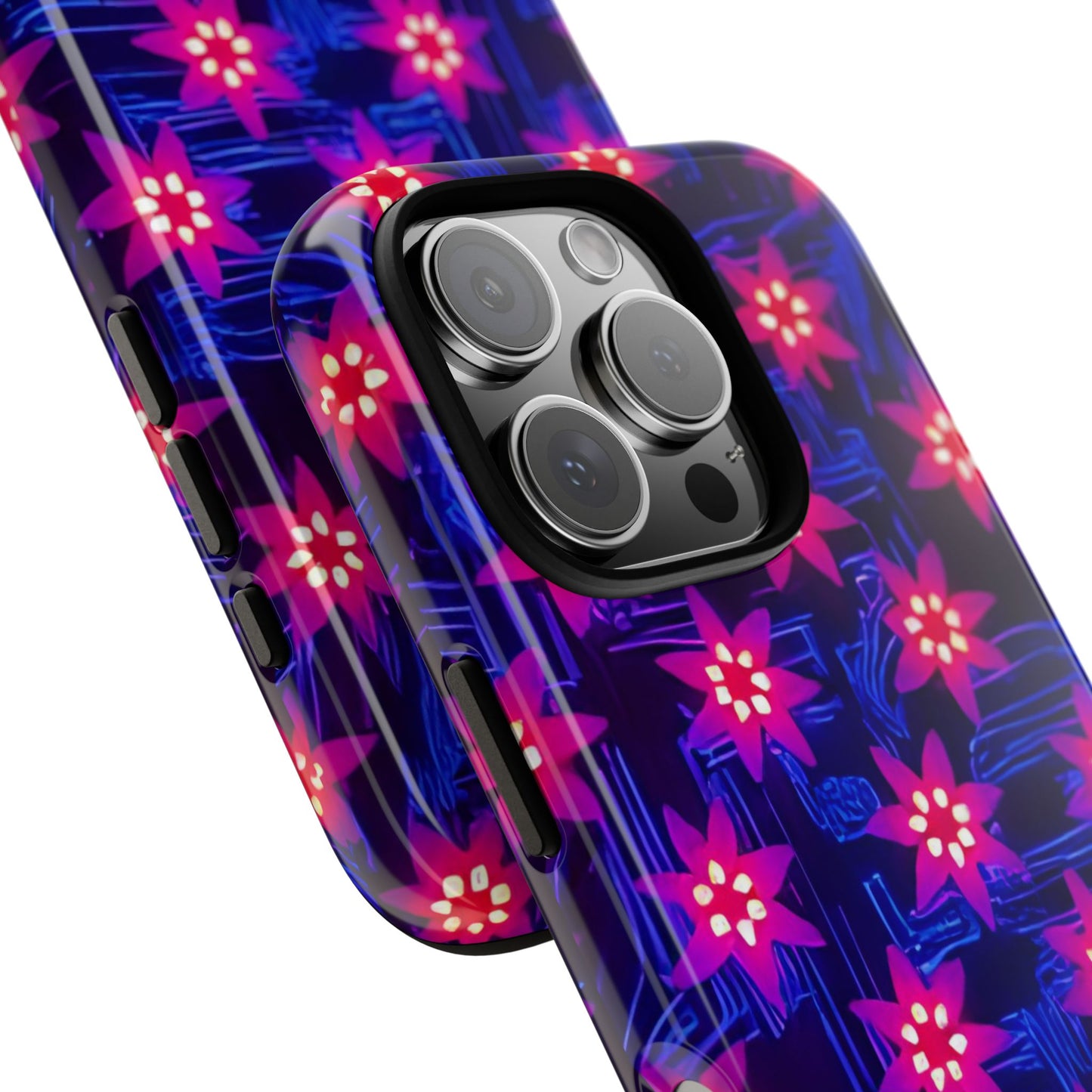 Neon Flower Tough Phone Case - Trippy Dark Floral Art, Electric Glow Aesthetic, Compatible with iPhone, Galaxy, and Google Phones