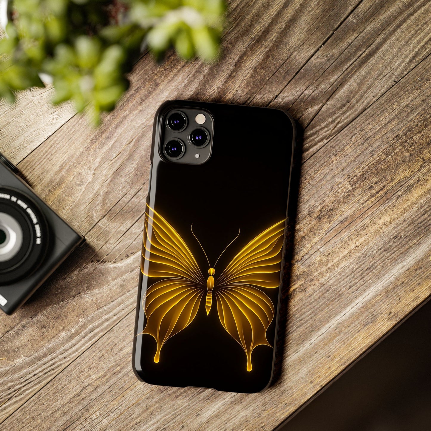 Golden Butterfly Phone Case, Elegant Insect Art, Black Aesthetic Slim Phone Case Compatible with iPhone, Galaxy, Google