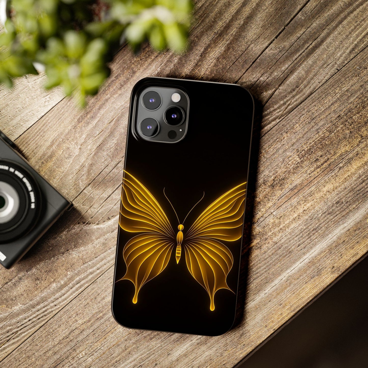 Golden Butterfly Phone Case, Elegant Insect Art, Black Aesthetic Slim Phone Case Compatible with iPhone, Galaxy, Google