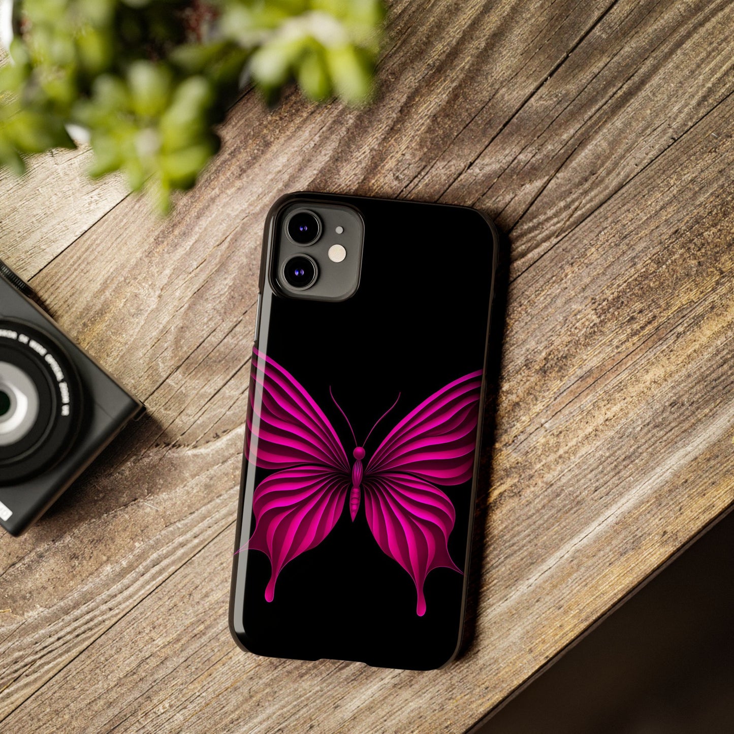 Pink Butterfly Phone Case, Elegant Insect Art, Black Aesthetic Slim Phone Case Compatible with iPhone, Galaxy, Google