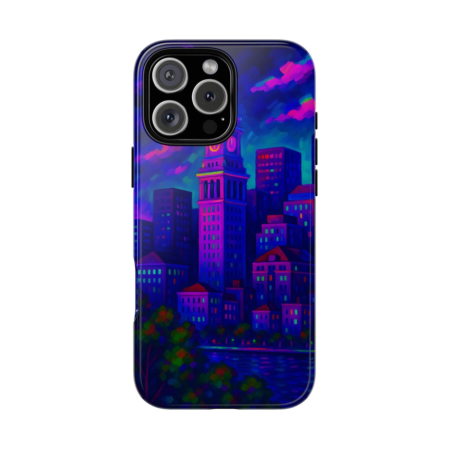 Boston Cityscape Tough Phone Case, Neon Night Skyline, Sunset Tower View Watercolor Urban Art, Compatible with iPhone, Galaxy, Google Phones