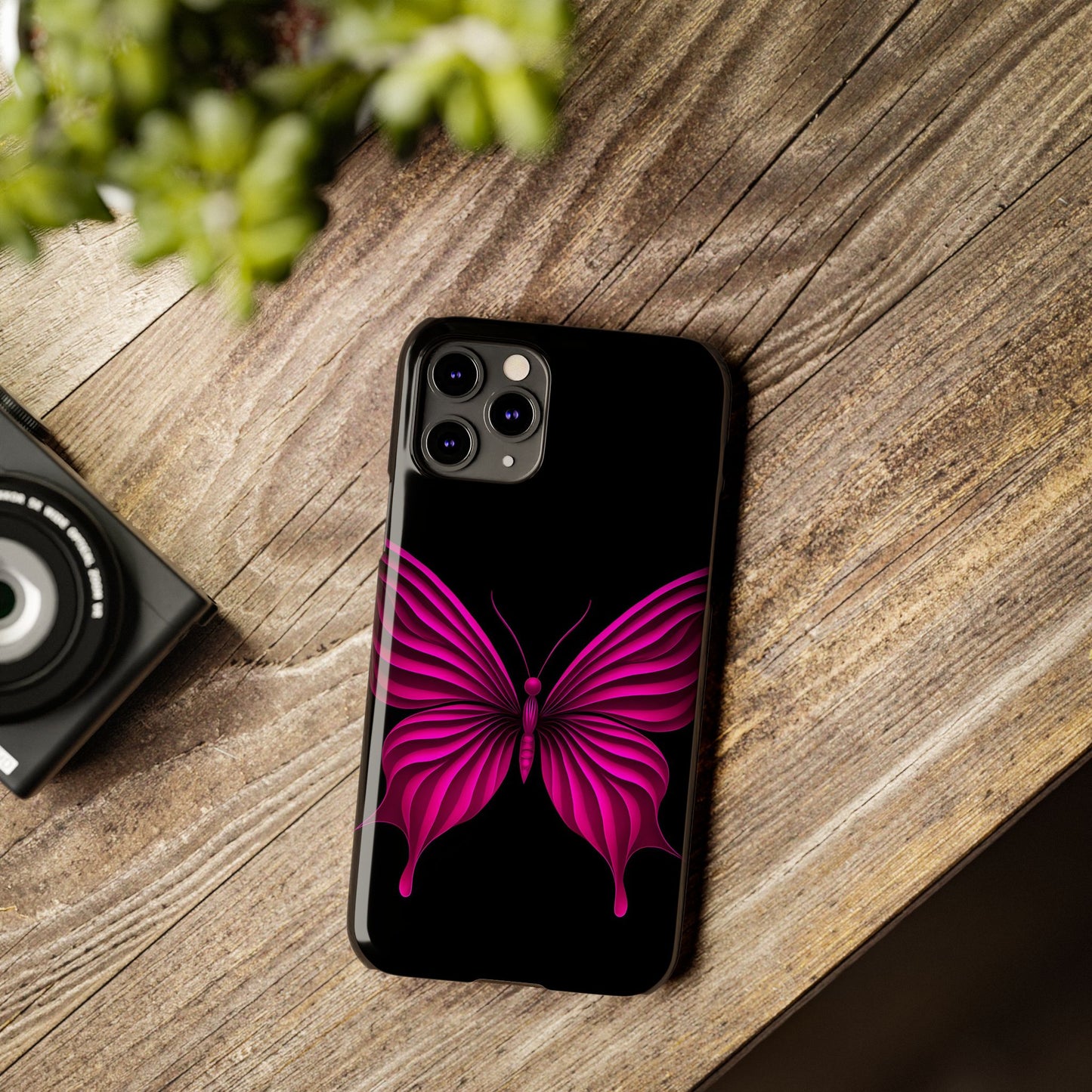 Pink Butterfly Phone Case, Elegant Insect Art, Black Aesthetic Slim Phone Case Compatible with iPhone, Galaxy, Google