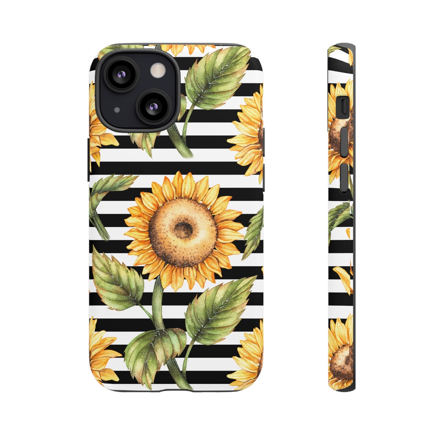 Sunflower Tough Phone Case - Bold Yellow Floral Art, Black and White Striped Aesthetic, Compatible with iPhone, Galaxy, and Google Phones