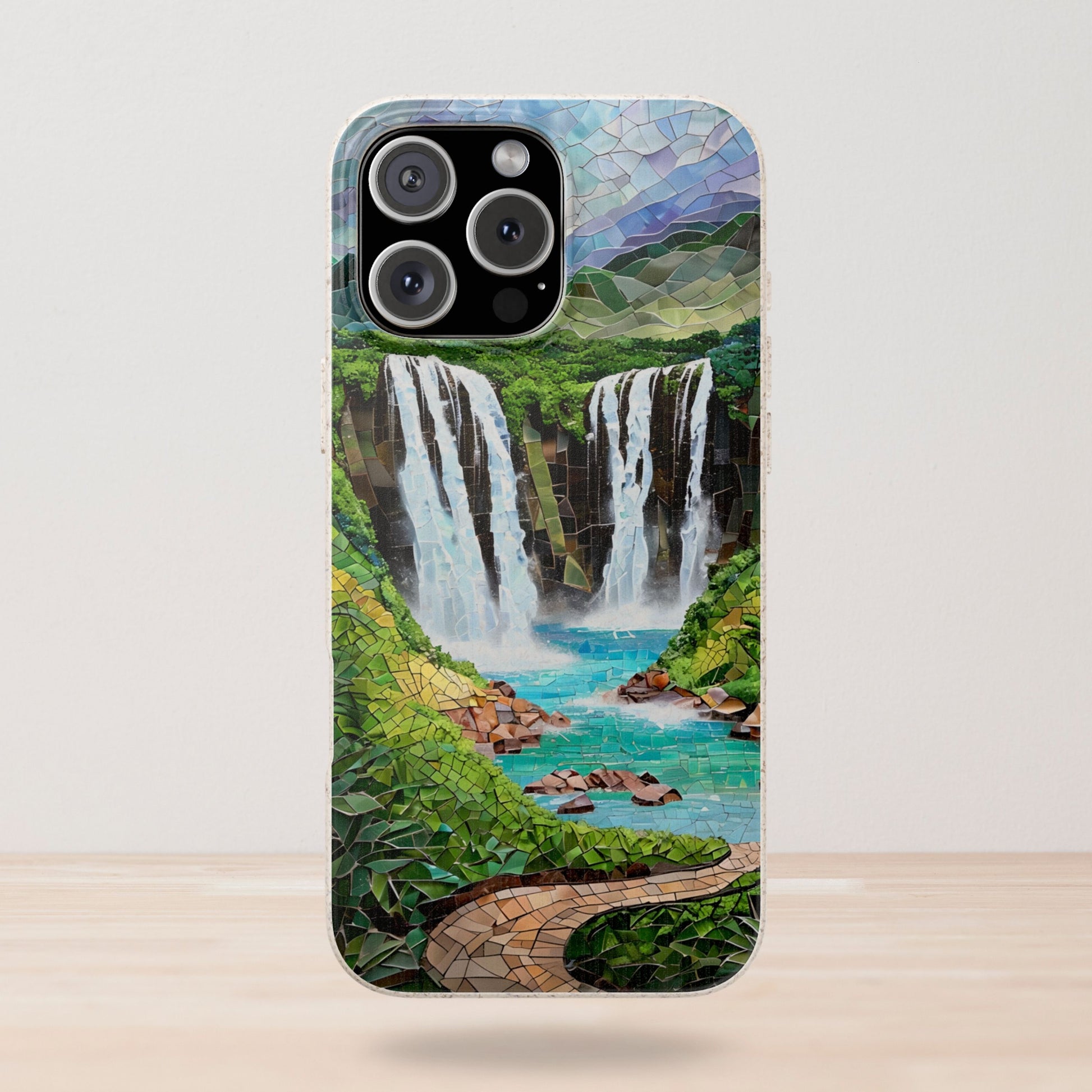 Maui Hawaii phone case featuring a mosaic-style tropical waterfall surrounded by lush green foliage, bright island colors, and serene water flow, perfect for travel lovers and nature-inspired accessory shoppers.