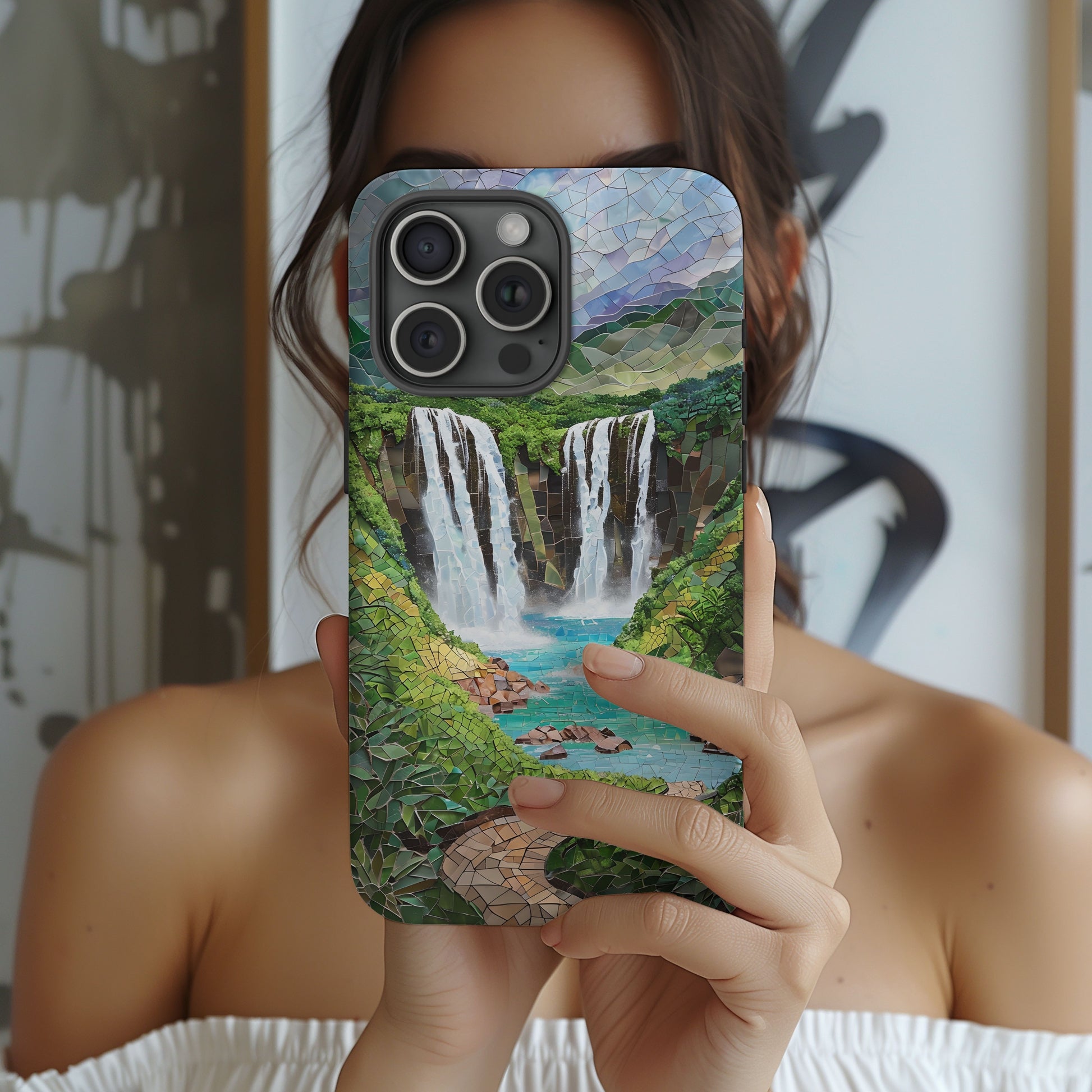 Tropical waterfall mosaic phone case inspired by Maui’s jungle scenery, with cascading white falls, vibrant greenery, and textured forest details, ideal for Hawaii fans and outdoor-themed gifts.