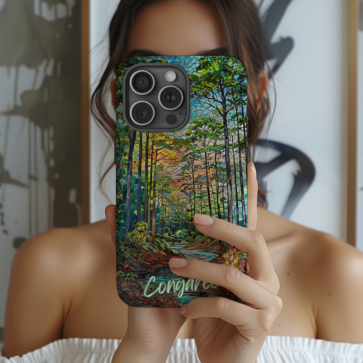Congaree National Park Tough Case, Floodplain Forest Mosaic Art, Swamp Landscape Phone Case Compatible with iPhone, Galaxy, and Google