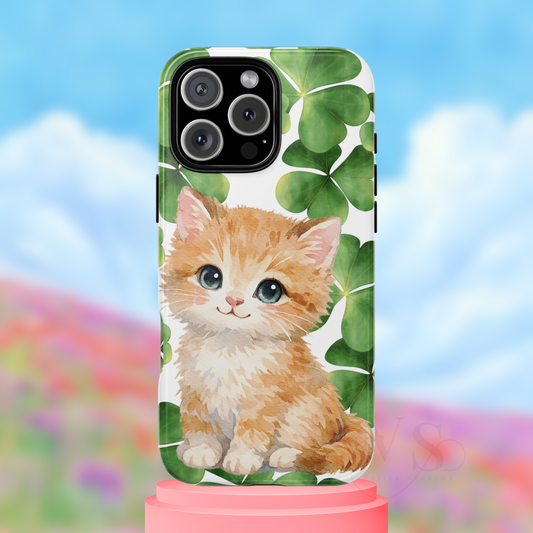 Ginger Kitten Tough Phone Case, St Patricks Day Cat Art with Shamrocks, Cute Irish Cat Gift Compatible with iPhone Galaxy Google