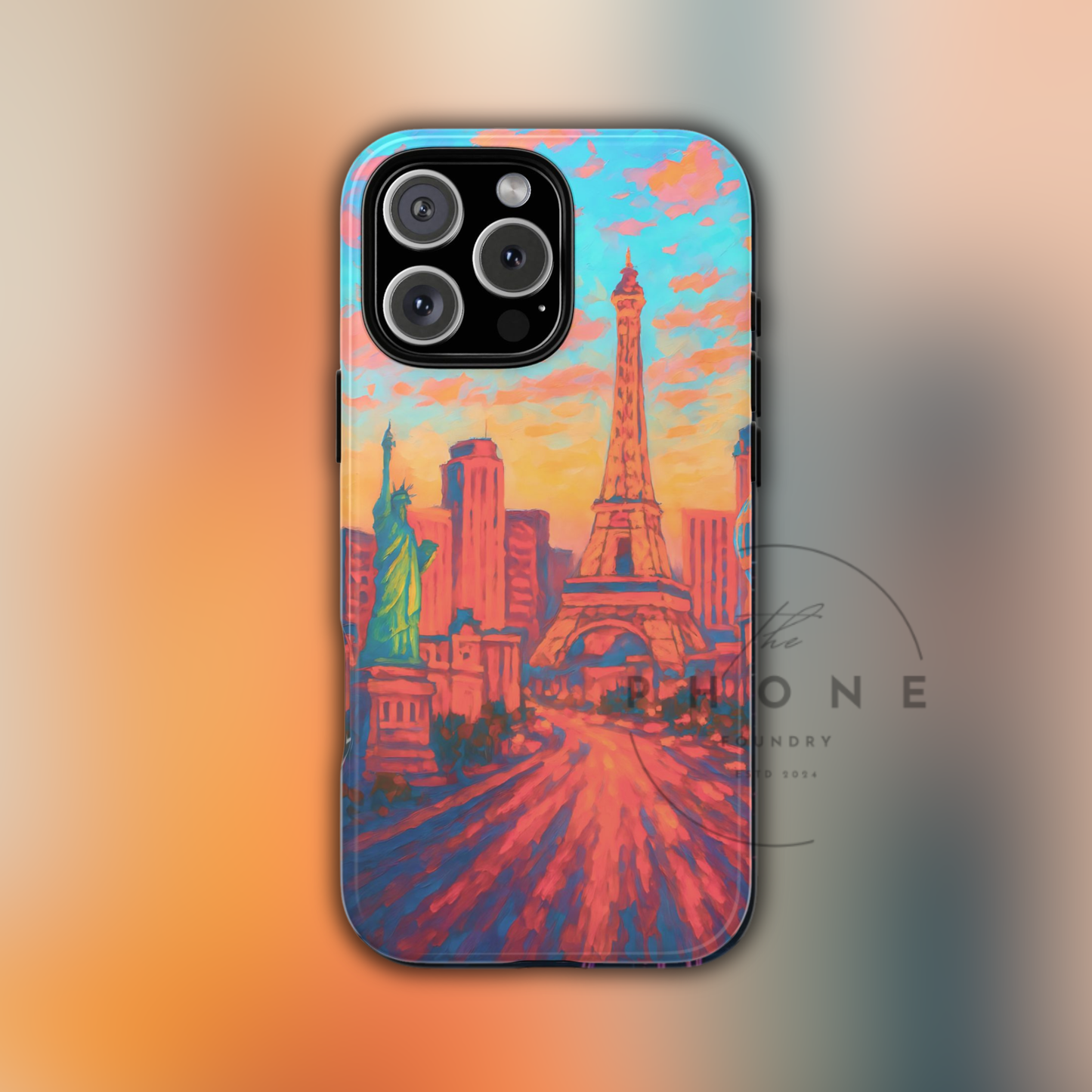 Cityscape Tough Phone Case, Las Vegas Strip Skyline Phone Cover Watercolor Art Design, Compatible with iPhone, Galaxy & Google