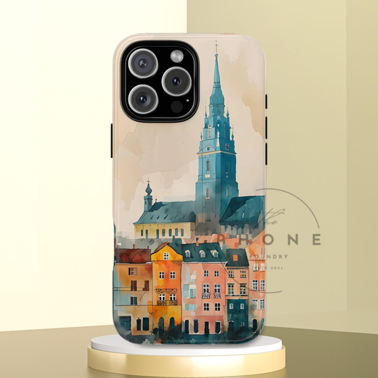 Cityscape Tough Phone Case, Riga Latvia Skyline Art, Watercolor Day Design Compatible with iPhone, Galaxy, and Google