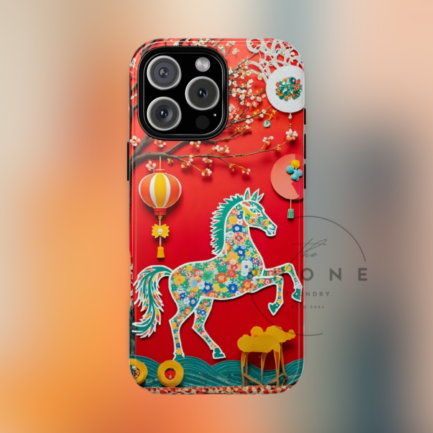 Year of the Horse Floral Art Tough Phone Case, Chinese Zodiac 2026 Design, compatible with iPhone 17 16 15 14 13 Galaxy Google