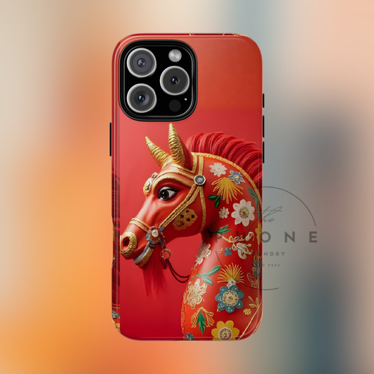 Year of the Horse Floral Art Tough Phone Case, Chinese Zodiac 2026 Design, compatible with iPhone 17 16 15 14 13 Galaxy Google