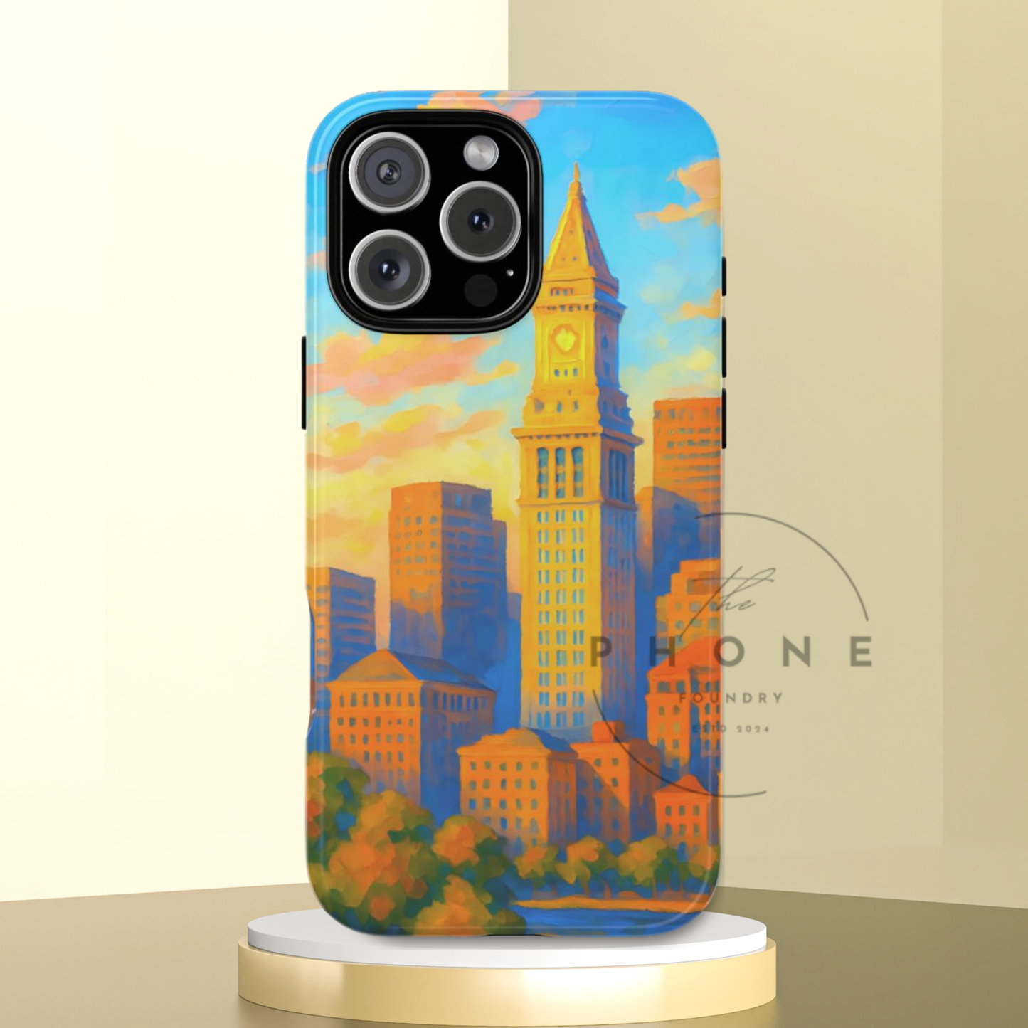 Cityscape Tough Phone Case, Boston Skyline Phone Cover, Sunset Glow Design Compatible with iPhone, Galaxy & Google