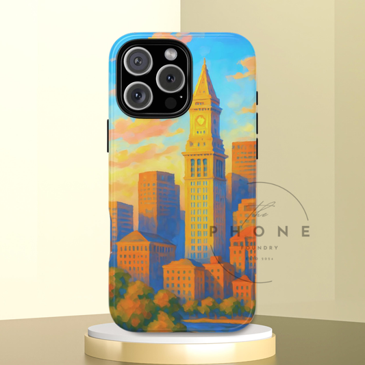 Cityscape Tough Phone Case, Boston Skyline Phone Cover, Sunset Glow Design Compatible with iPhone, Galaxy & Google