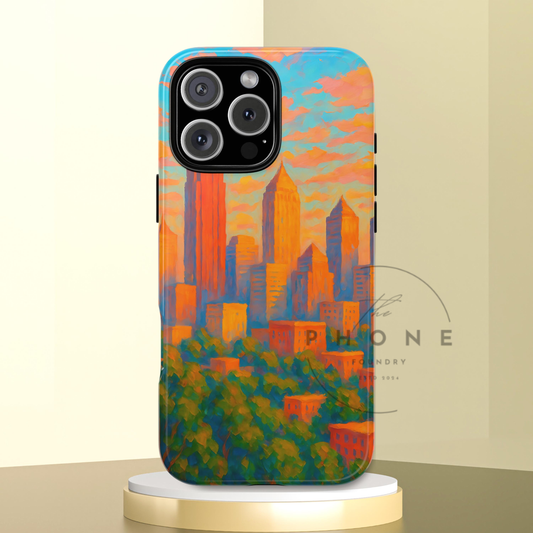 Cityscape Tough Phone Case, Atlanta Skyline Phone Cover, Sunset Glow Design Compatible with iPhone, Galaxy & Google