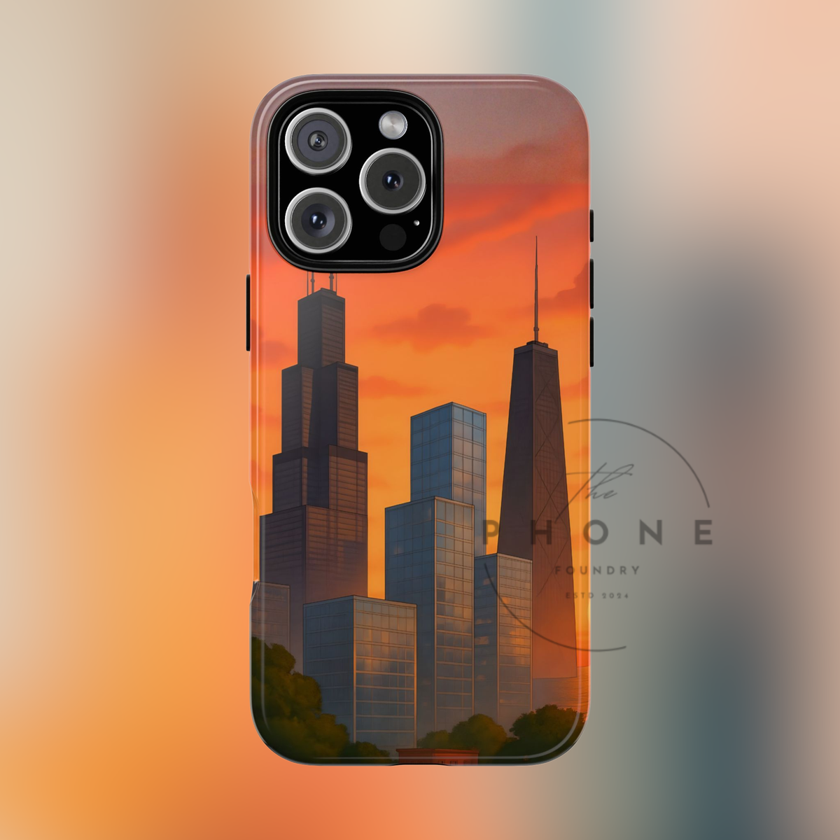 Cityscape Tough Phone Case, Chicago Skyline Phone Cover, Watercolor Design Compatible with iPhone, Galaxy & Google