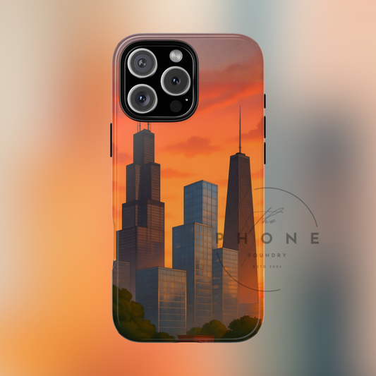 Cityscape Tough Phone Case, Chicago Skyline Phone Cover, Watercolor Design Compatible with iPhone, Galaxy & Google
