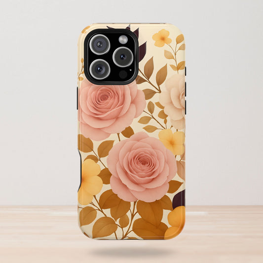 May include: Clear phone case featuring a floral design. The case displays large pink roses, small yellow flowers, and brown leaves against a cream background. The phone's camera lenses are visible at the top.