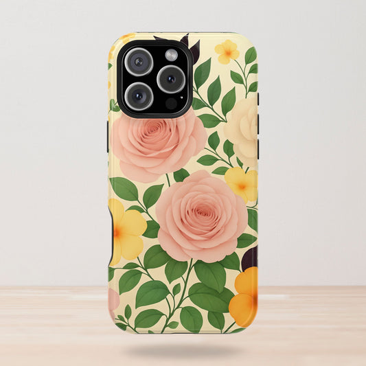 Durability tough phone case with a floral design featuring soft pink roses and yellow flowers on a cream background built to protect against everyday drops.