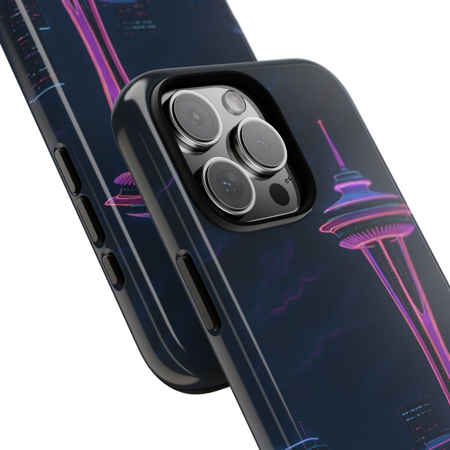 Seattle city skyline phone case with glowing neon lights and Space Needle illuminated in vibrant pink and purple colors.