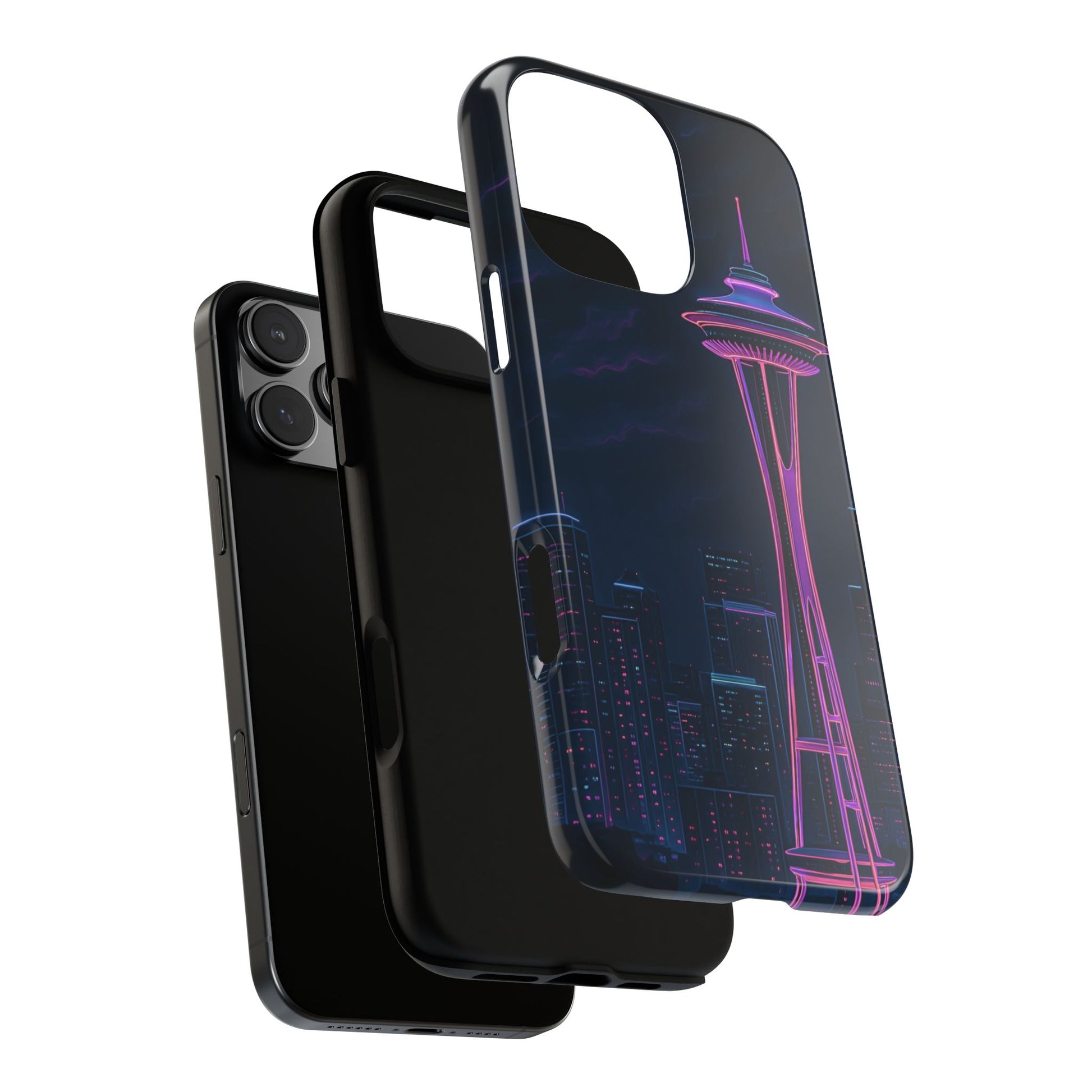 Space Needle Seattle phone case with watercolor pastel clouds and city skyline, artistic urban design for iPhone, Galaxy, Google.
