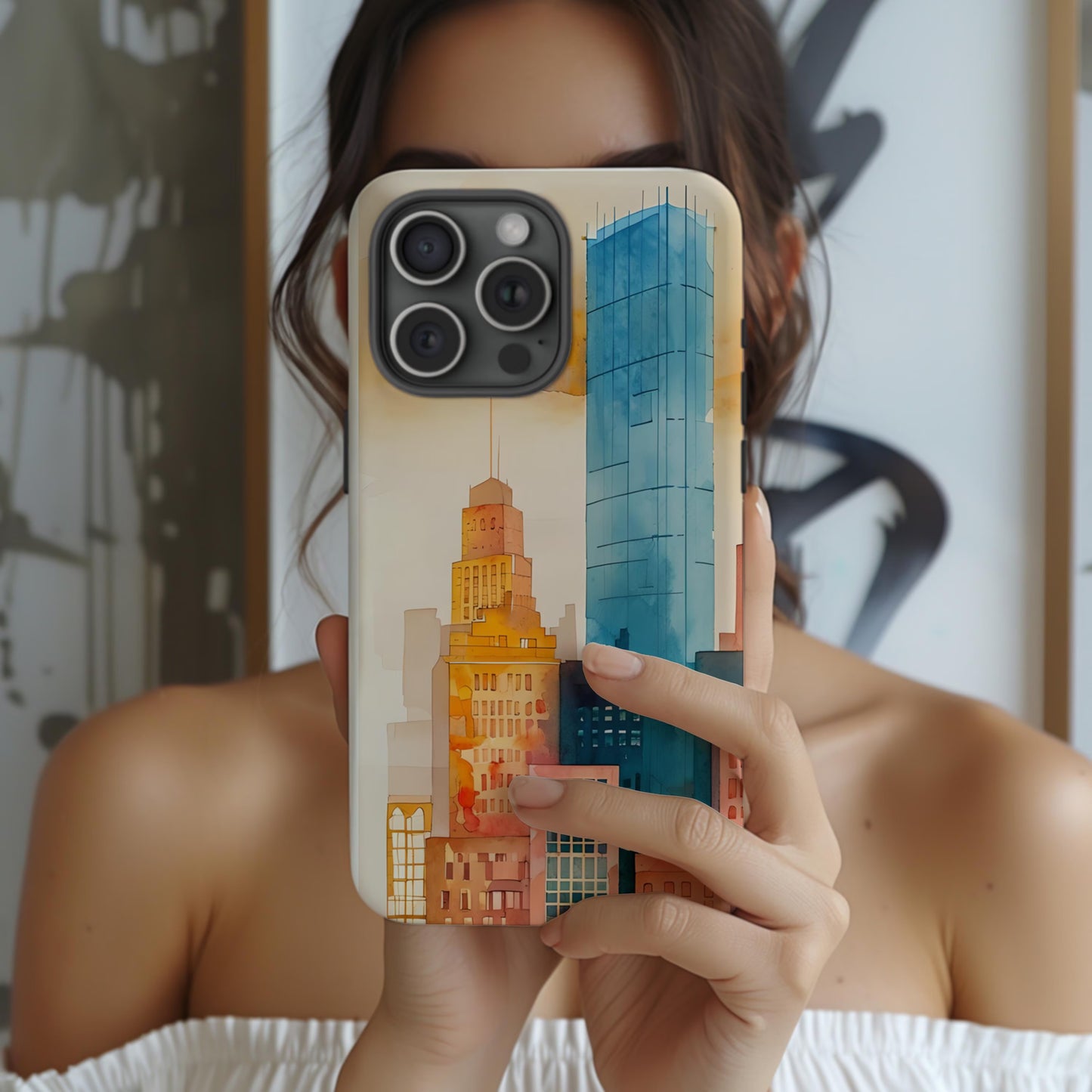 Cityscape Tough Phone Case, Boston Skyline Phone Cover, Watercolor Design, Compatible with iPhone, Galaxy, and Google Phones