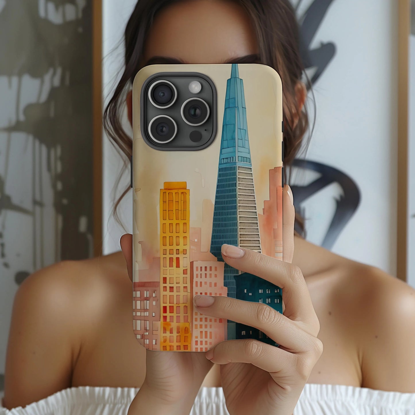 Cityscape Tough Phone Case, San Francisco Skyline Phone Cover, Watercolor Art Design Compatible with iPhone, Galaxy & Google