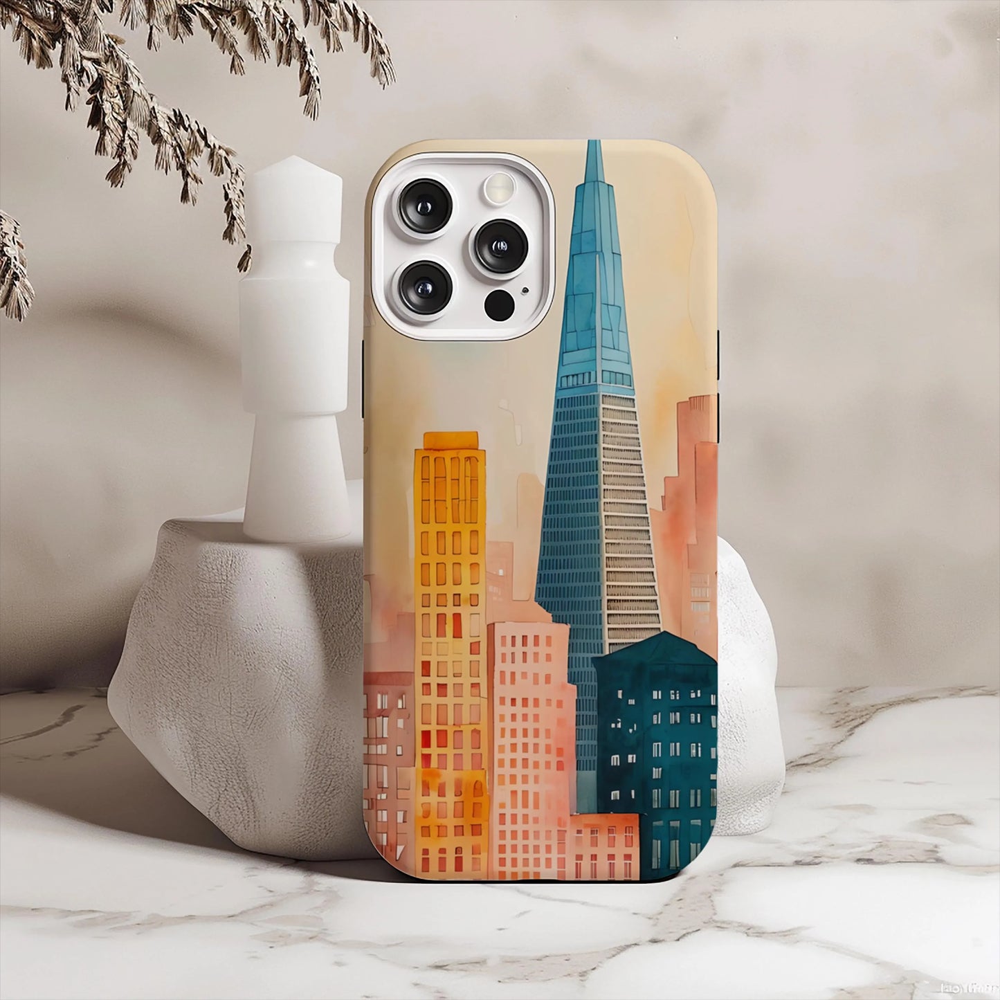 Cityscape Tough Phone Case, San Francisco Skyline Phone Cover, Watercolor Art Design Compatible with iPhone, Galaxy & Google