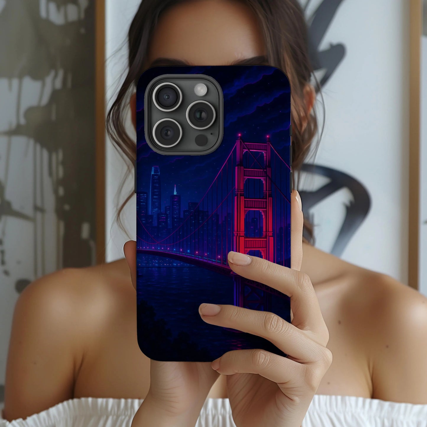 Cityscape Tough Phone Case, San Francisco Skyline Phone Cover, Neon Night Design Compatible with iPhone, Galaxy & Google