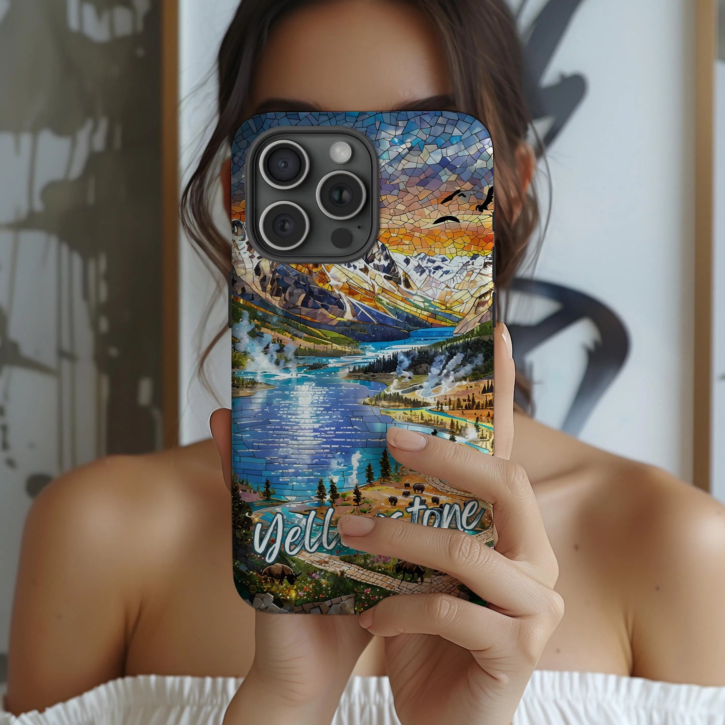 Yellowstone National Park Tough Case, Mosaic Landscape Phone Case, Scenic Wildlife Phone Cover Compatible with iPhone, Galaxy and Google