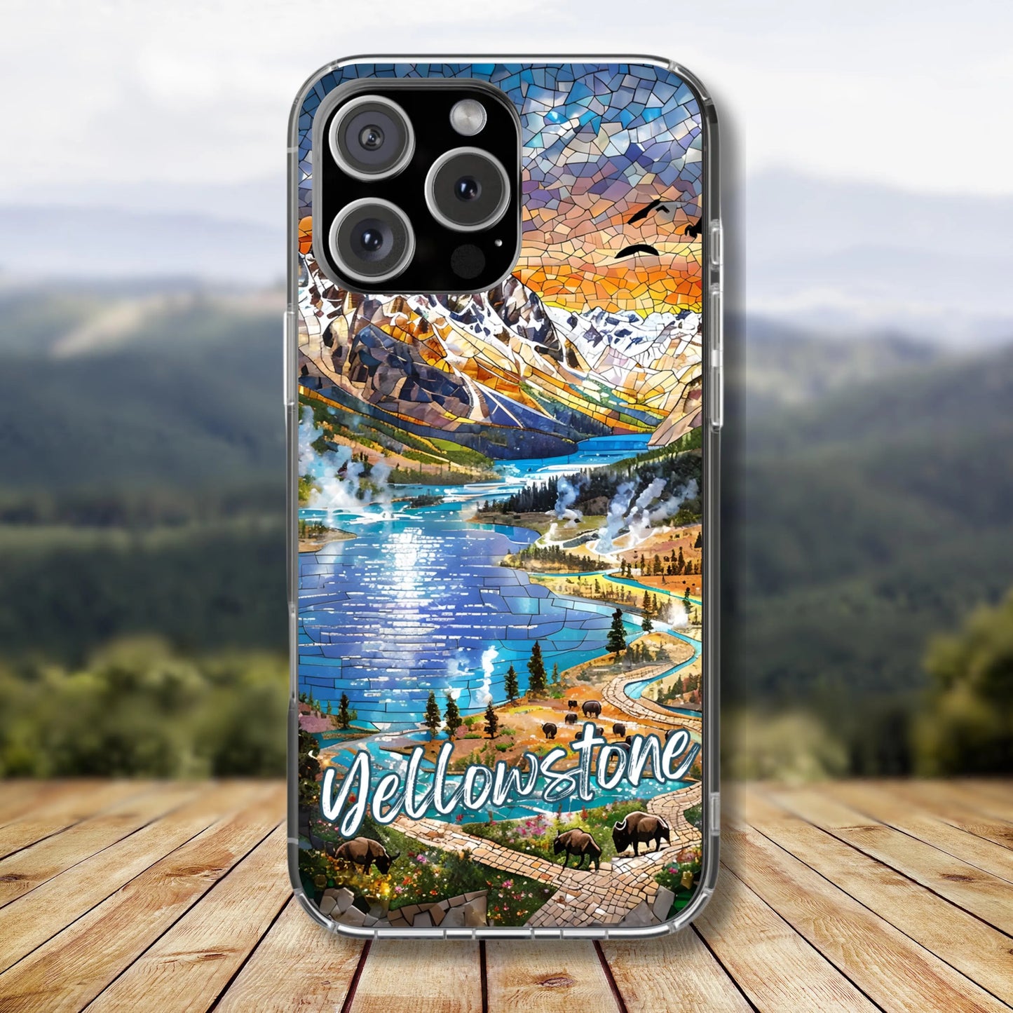 Yellowstone National Park Tough Case, Mosaic Landscape Phone Case, Scenic Wildlife Phone Cover Compatible with iPhone, Galaxy and Google